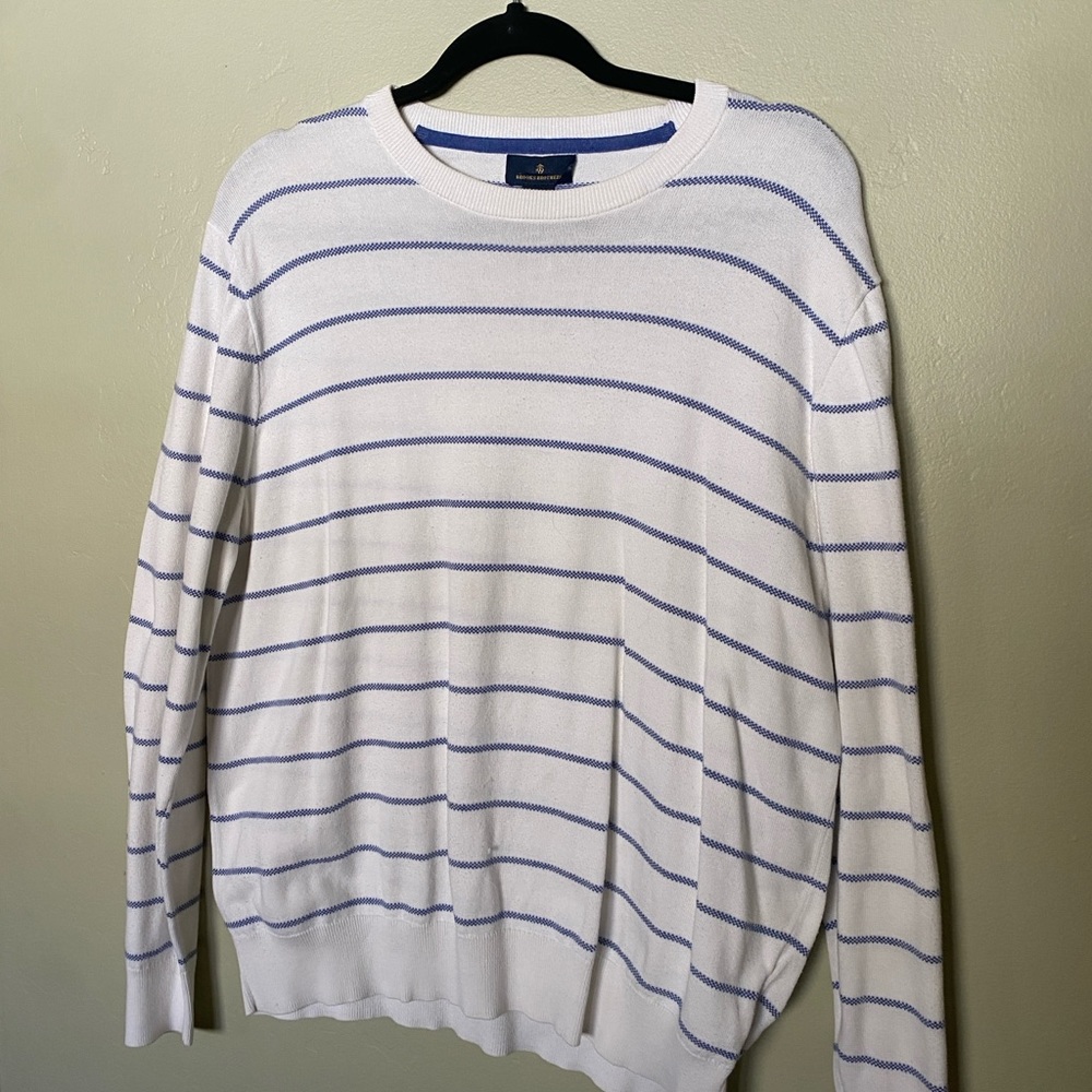 Brooks Brothers Classic Crewneck White and Blue Striped Sweater